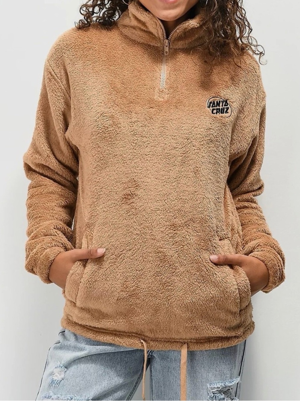 Santa Cruz Club Oval Dot Tan Sherpa Fleece Half-Zip Pullover Sweatshirt Size S